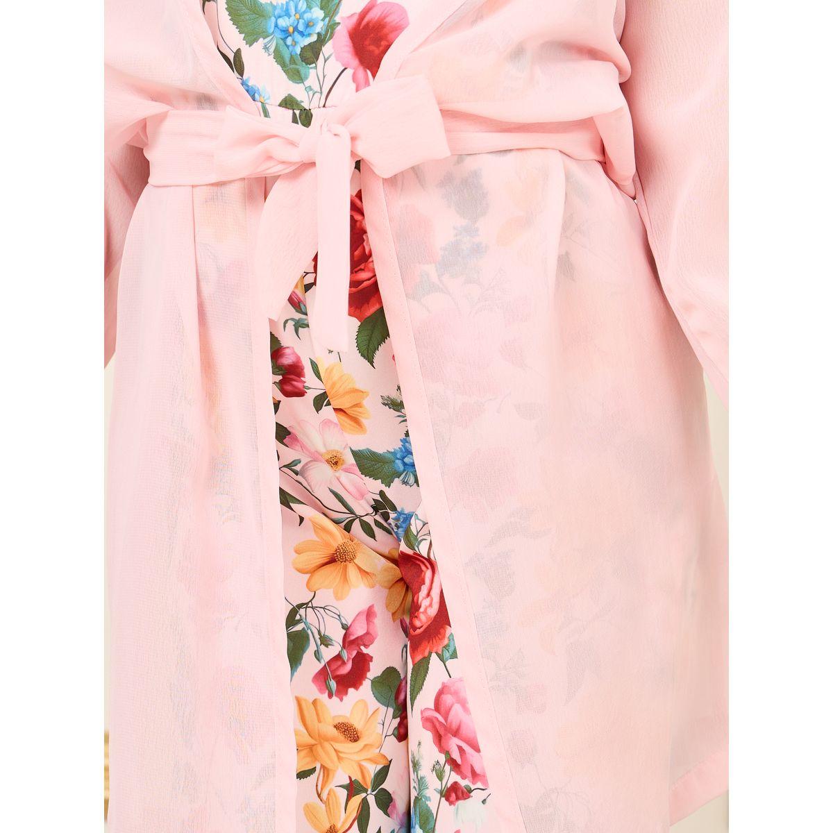 Styli Floral Print Strappy Jumpsuit & Chiffon Longline Shirt with Tie Up Set-girls-clothing-setsandcoords-image-4