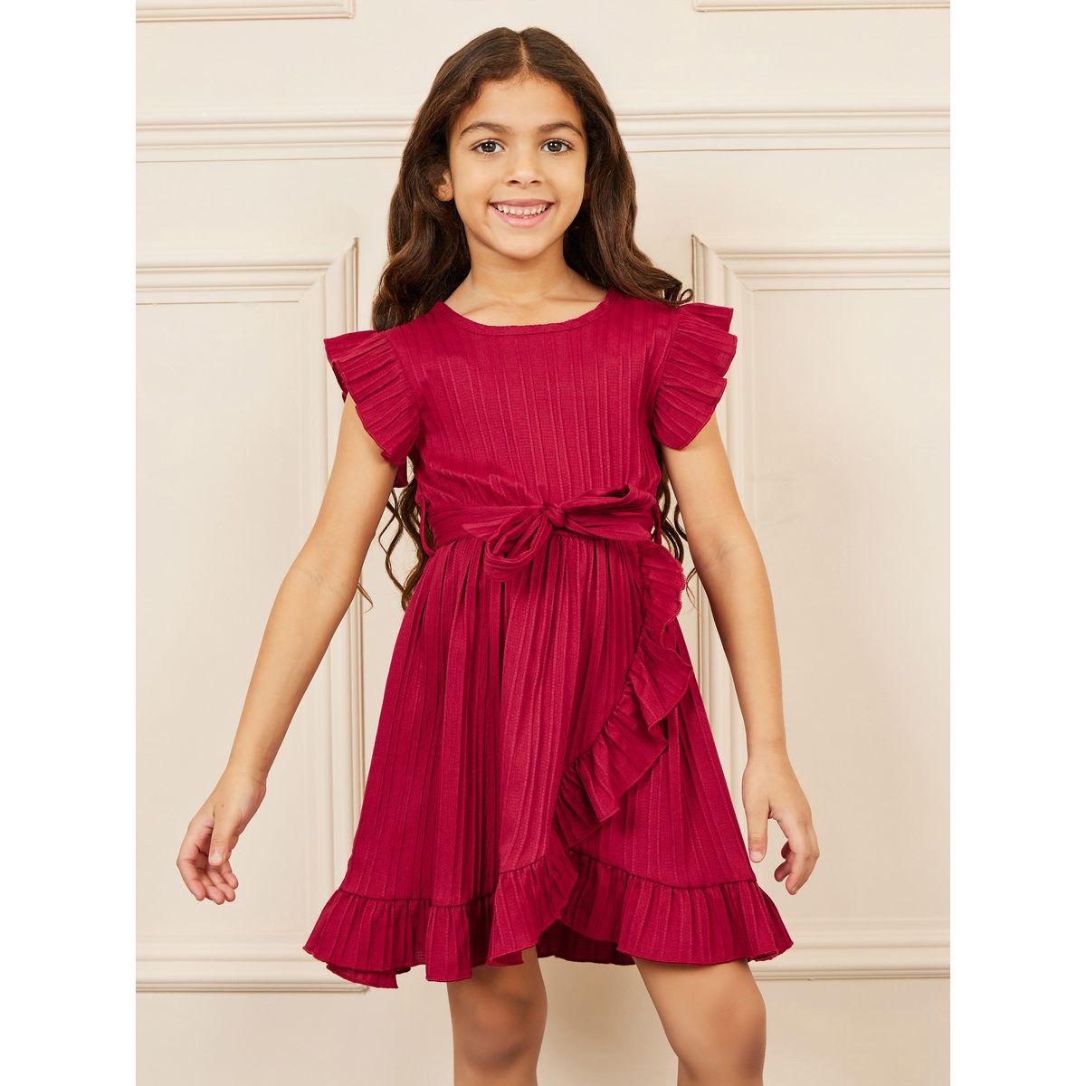 Styli Striped Textured Ruffle Trim Dress with Self Tie Up-girls-clothing-dressesandjumpsuits-image-2