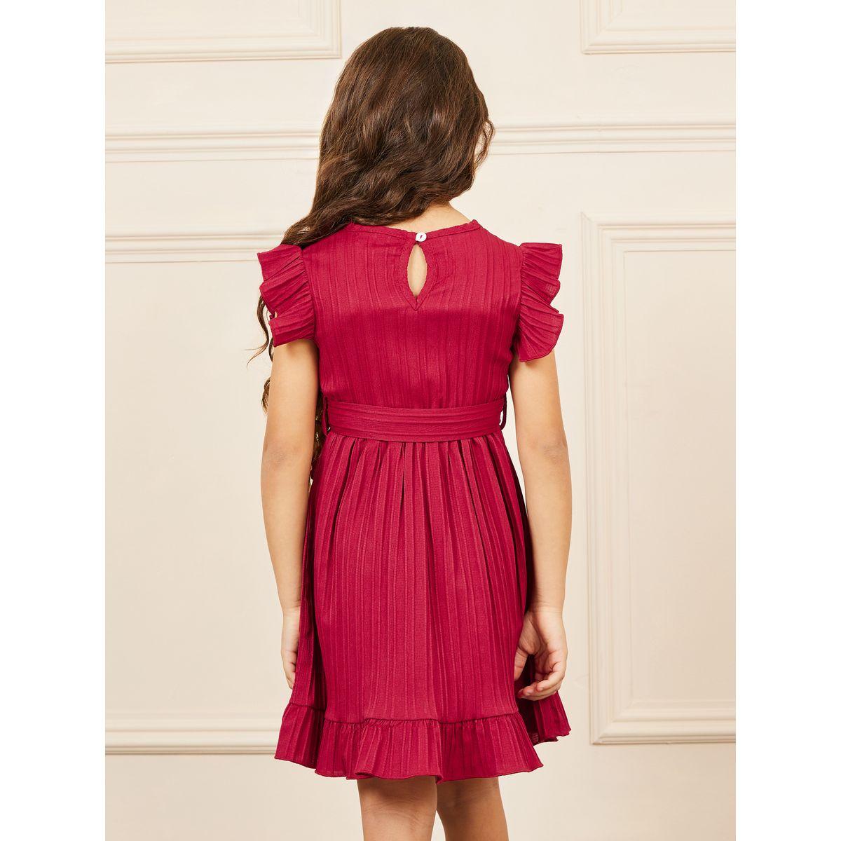 فستان بتفاصيل بارزة الملمس مع كشكش ورباط خصر-girls-clothing-dressesandjumpsuits-image-4