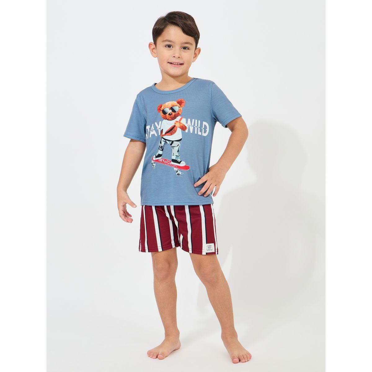 Styli Bear Print T-Shirt & Striped Shorts Set-boys-clothing-nightwear-image-1