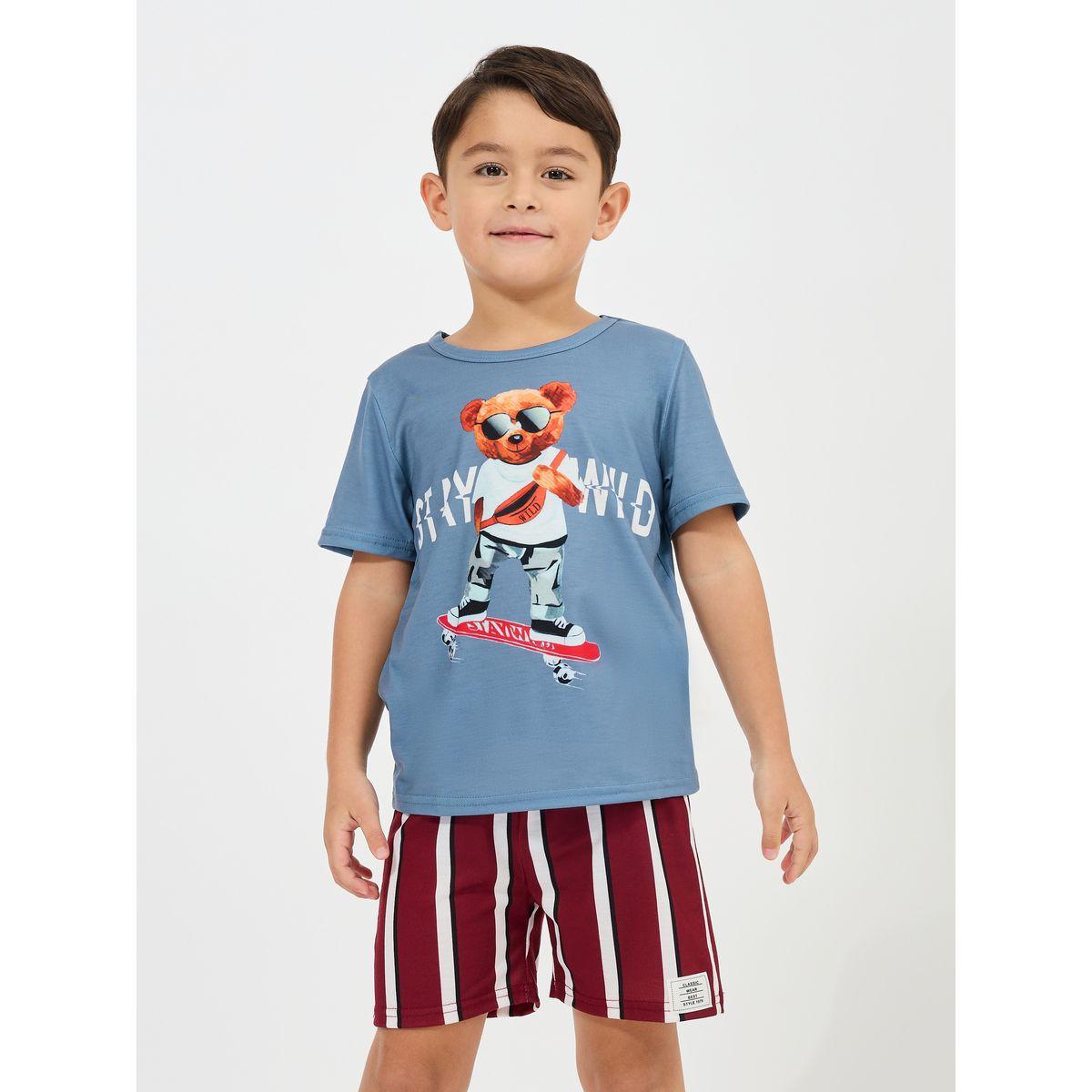 Styli Bear Print T-Shirt & Striped Shorts Set-boys-clothing-nightwear-image-2