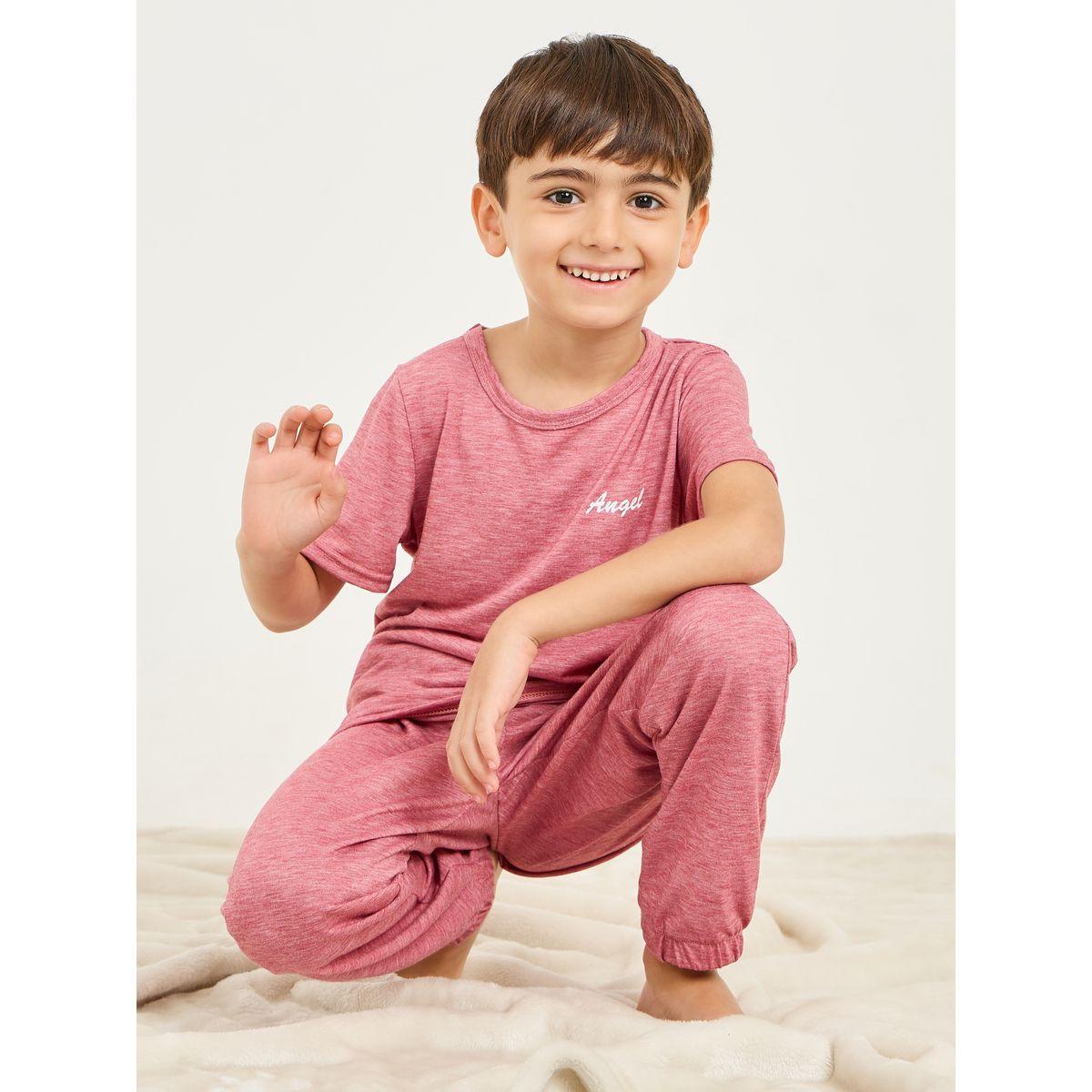Styli Placement Print Melange T-Shirt & Joggers Set-boys-clothing-nightwear-image-1