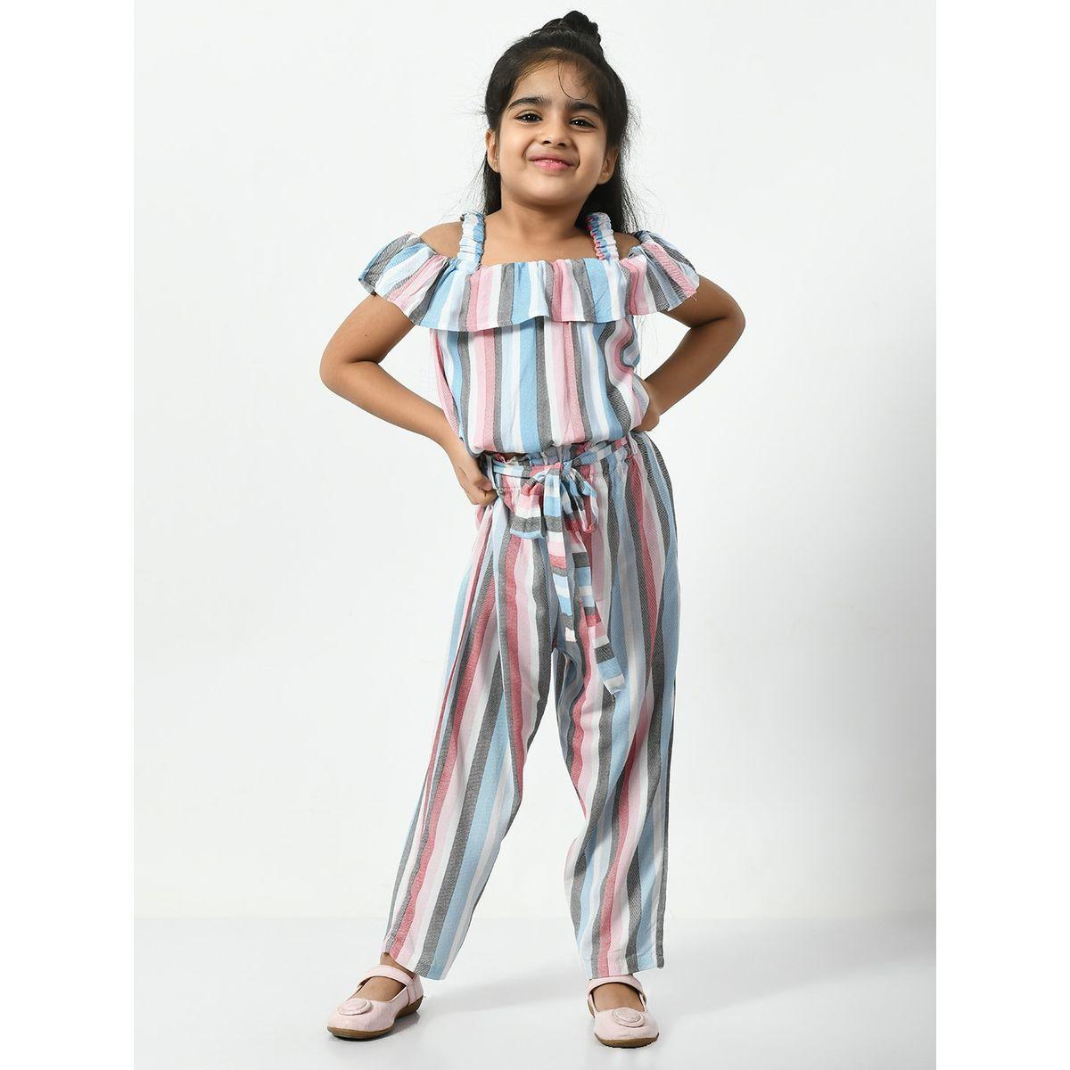 Striped Cold Shoulder Jumpsuit with Waist Tie Up-girls-clothing-rompers-image-1