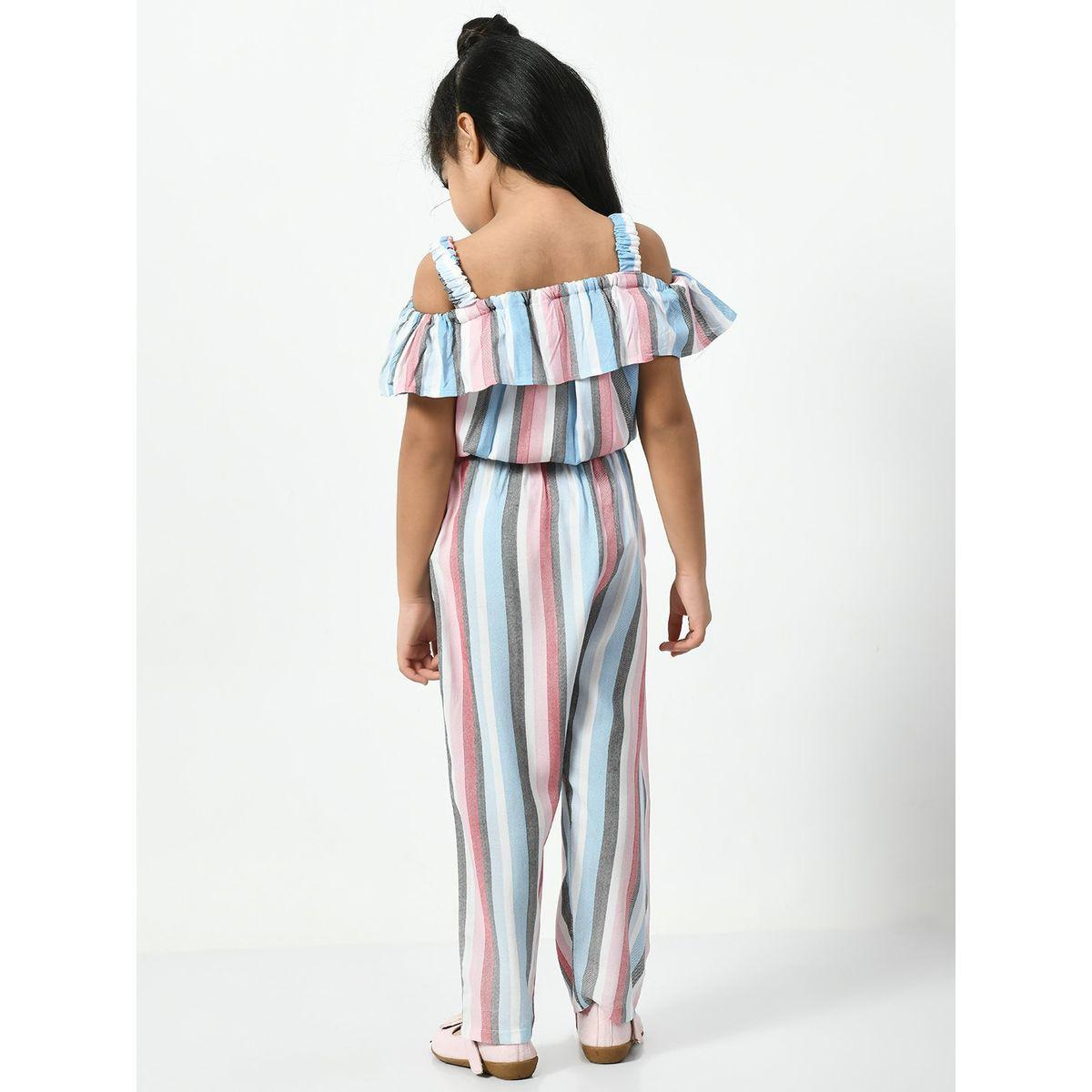 Striped Cold Shoulder Jumpsuit with Waist Tie Up-girls-clothing-rompers-image-2
