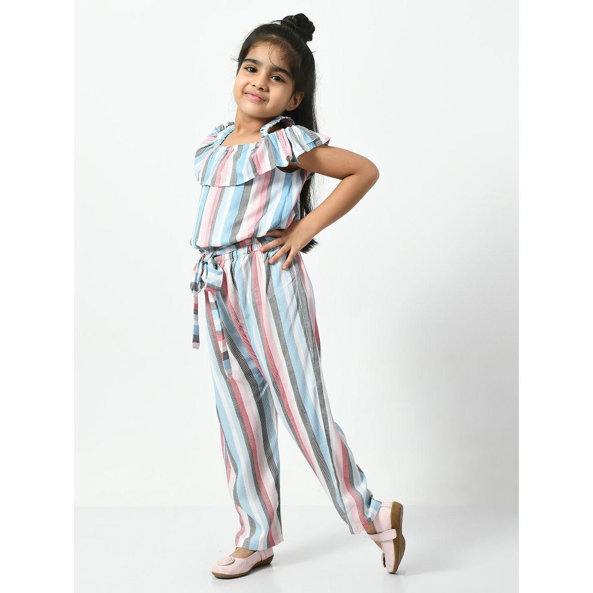 Striped Cold Shoulder Jumpsuit with Waist Tie Up-girls-clothing-rompers-image-3