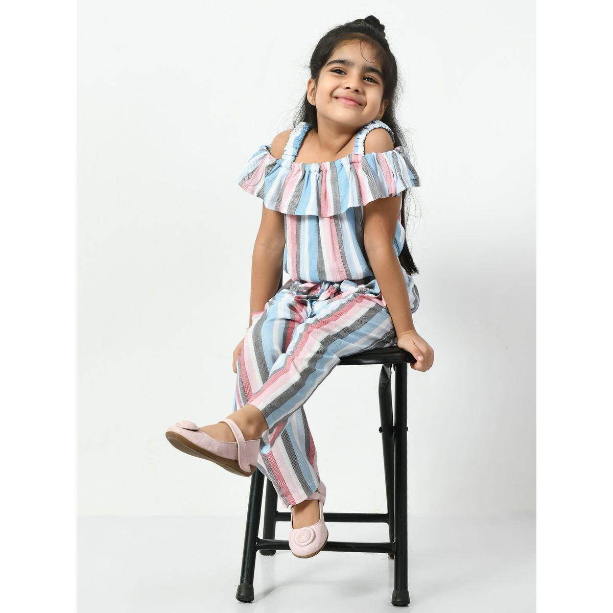 Striped Cold Shoulder Jumpsuit with Waist Tie Up-girls-clothing-rompers-image-4