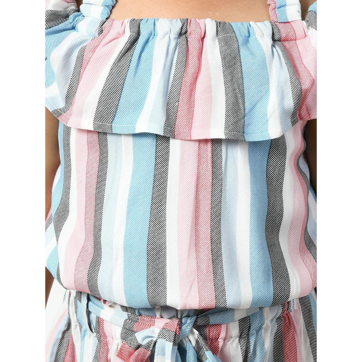 Striped Cold Shoulder Jumpsuit with Waist Tie Up-girls-clothing-rompers-image-5