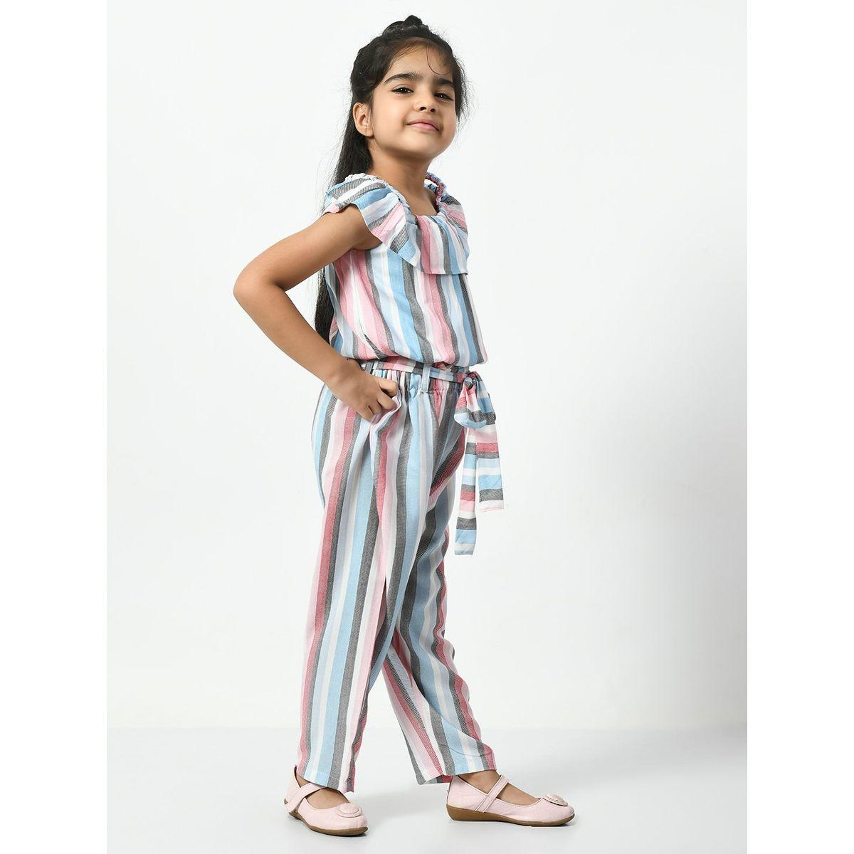 Striped Cold Shoulder Jumpsuit with Waist Tie Up-girls-clothing-rompers-image-6