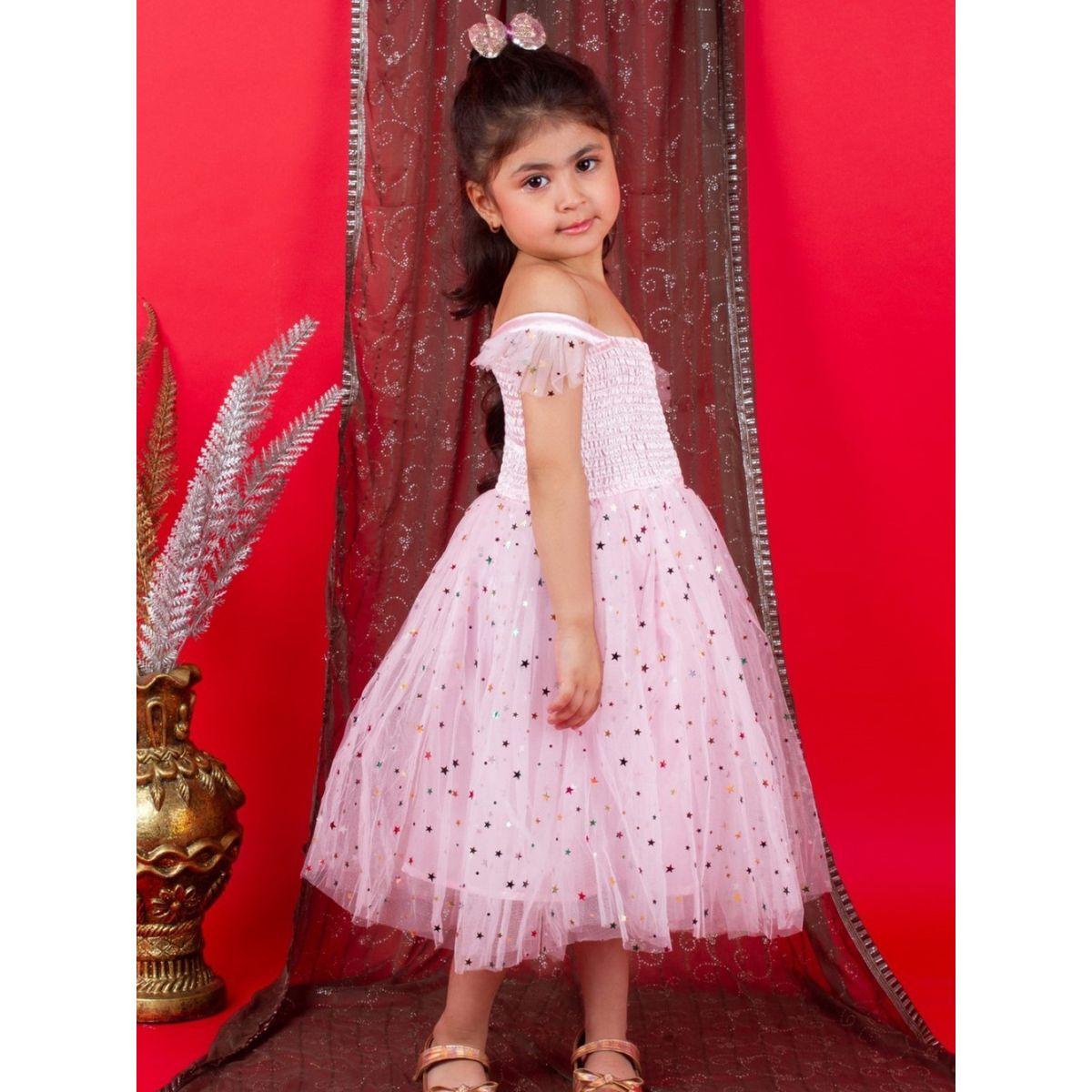 Star Foil Print Smocked Mesh Insert A-Line Dress-girls-clothing-dressesandjumpsuits-image-3