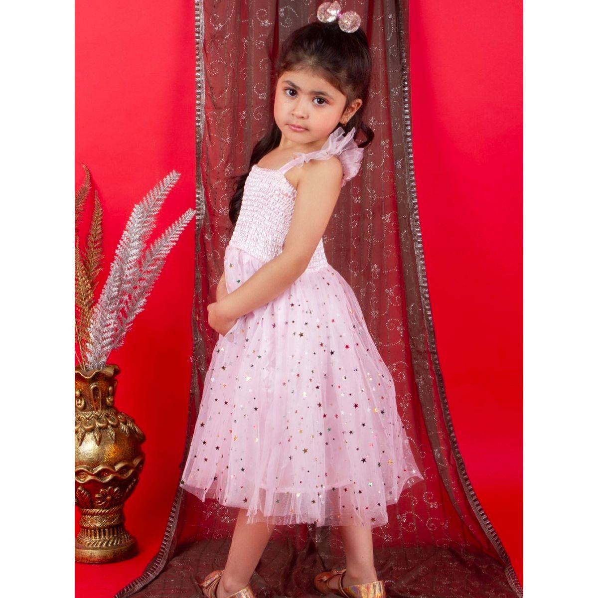 Star Foil Print Smocked Mesh Insert A-Line Dress-girls-clothing-dressesandjumpsuits-image-4