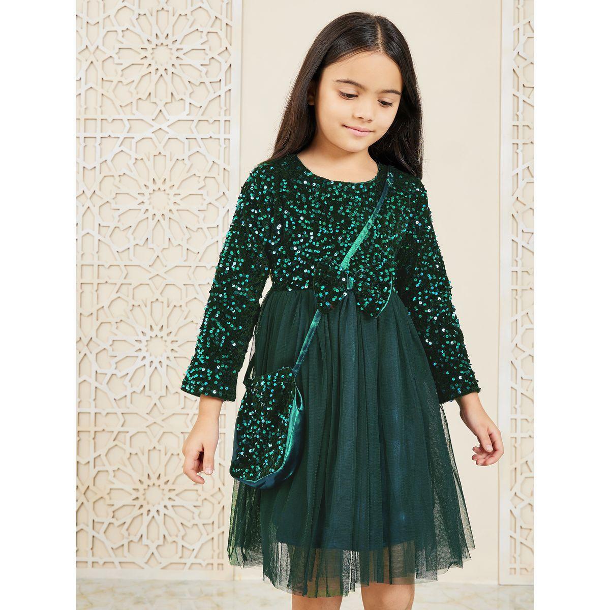 Bella Moda X Styli  Sequin Detail Mesh Overlay Dress with Sling Bag-girls-clothing-dressesandjumpsuits-image-1