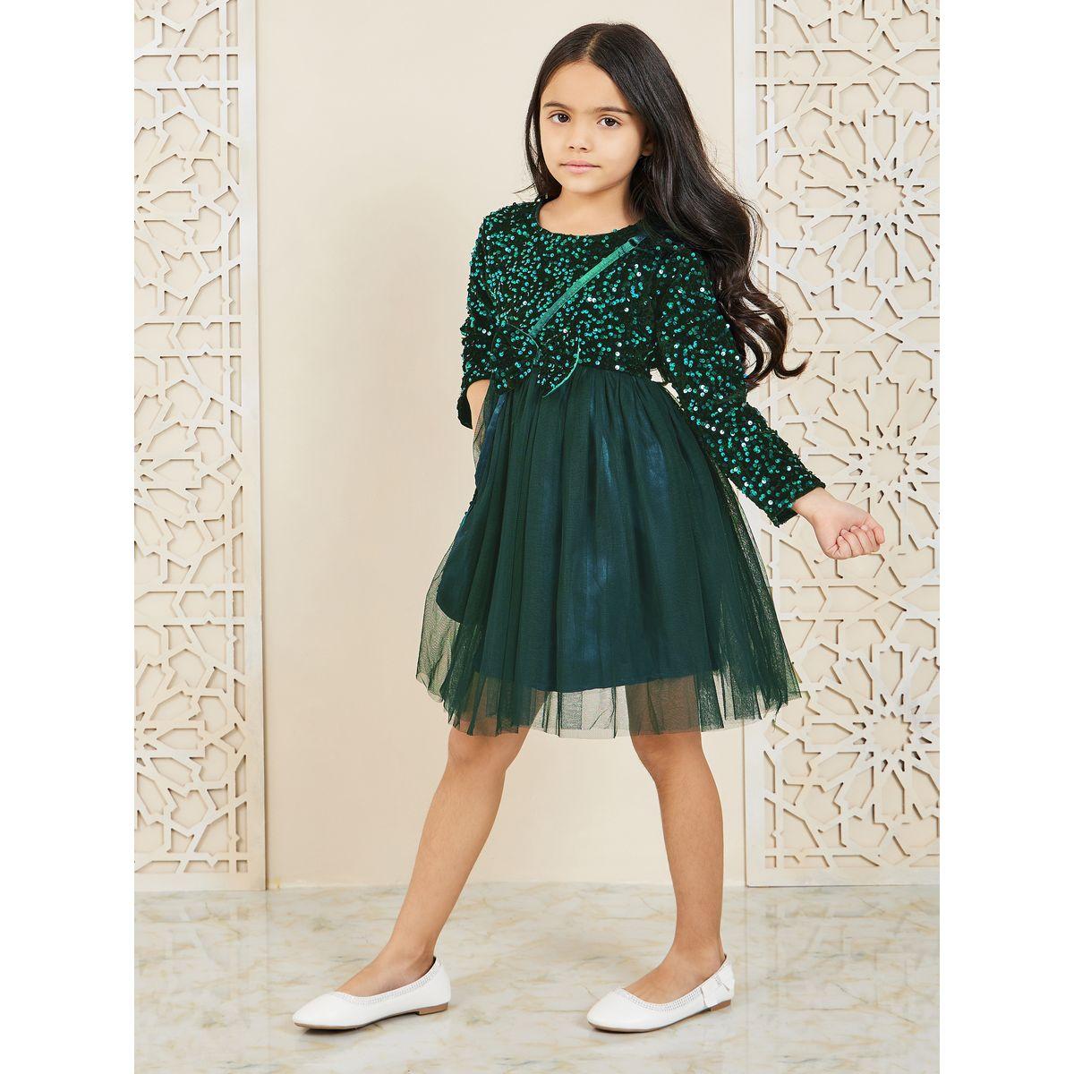 Bella Moda X Styli  Sequin Detail Mesh Overlay Dress with Sling Bag-girls-clothing-dressesandjumpsuits-image-2