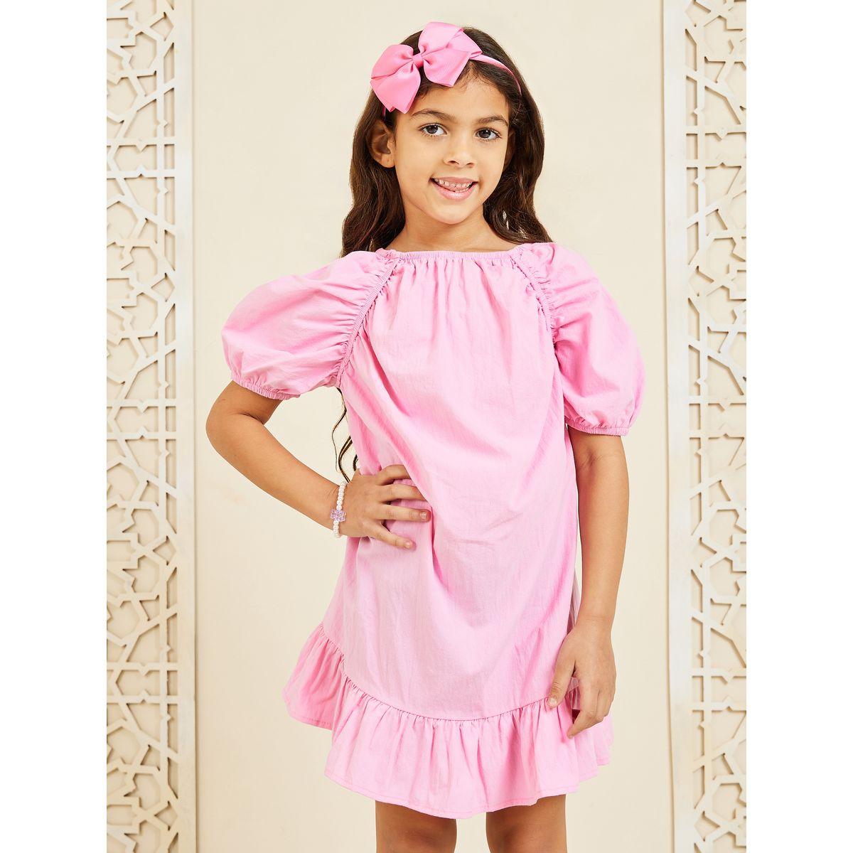 فستان سادة بتفاصيل كشكش واكمام منفوخة-girls-clothing-dressesandjumpsuits-image-1