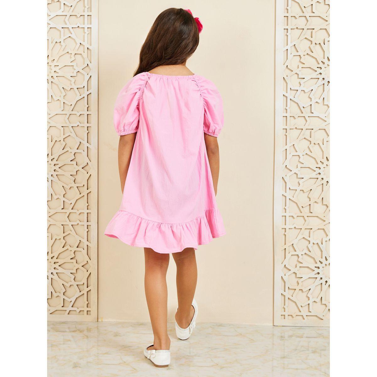 فستان سادة بتفاصيل كشكش واكمام منفوخة-girls-clothing-dressesandjumpsuits-image-4