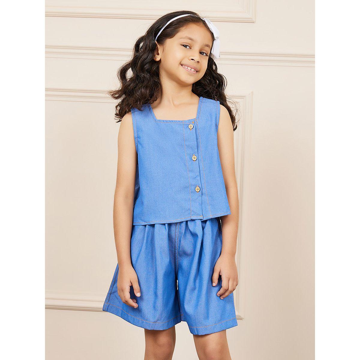 Styli Front Button Closure Denim Top and Pocket Detail Shorts Set-girls-clothing-setsandcoords-image-2