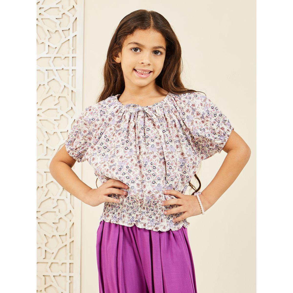 Styli Floral Printed Smocked Waist Top & Pleated Ruffle Cuff Hem Pant Set-girls-clothing-setsandcoords-image-2
