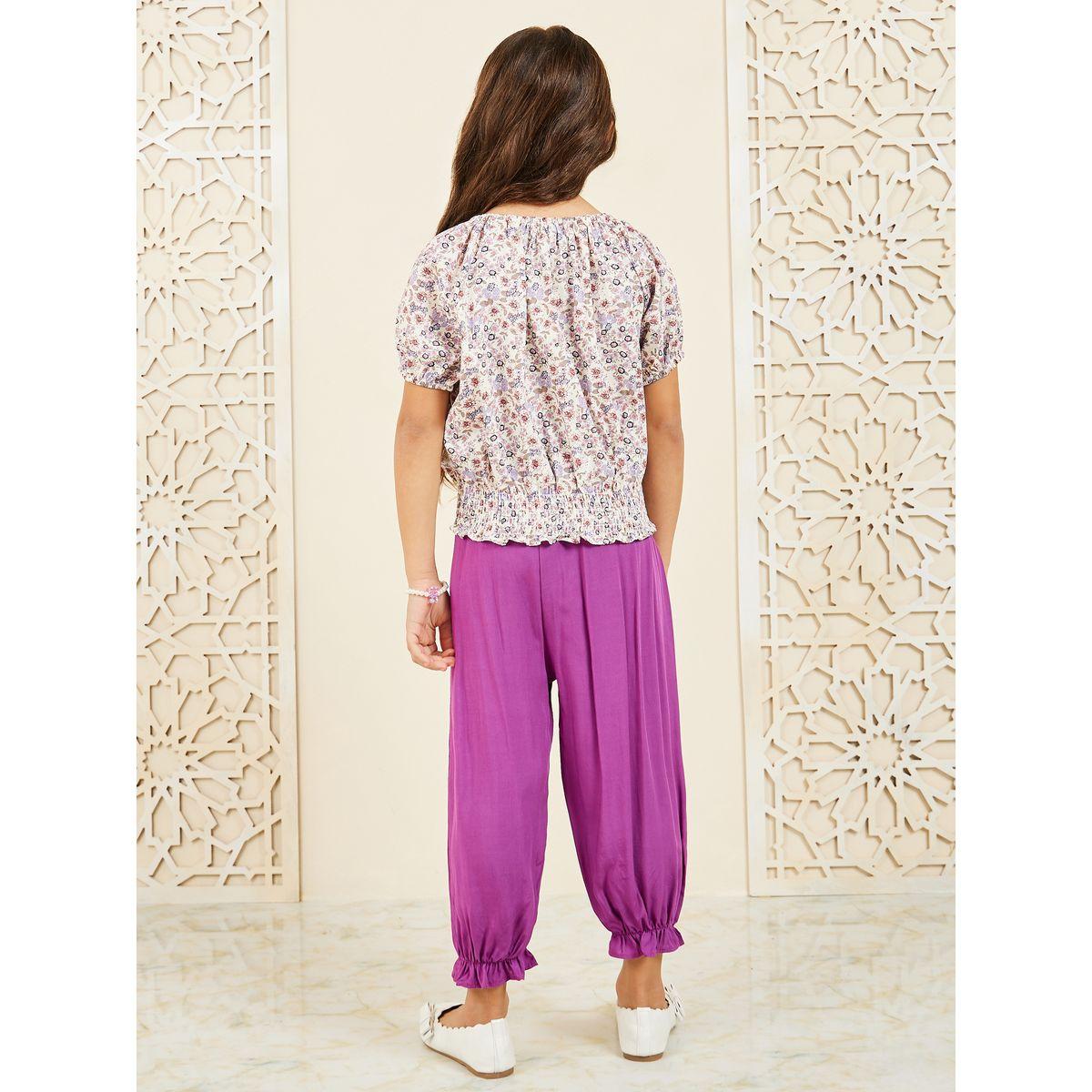 Styli Floral Printed Smocked Waist Top & Pleated Ruffle Cuff Hem Pant Set-girls-clothing-setsandcoords-image-5