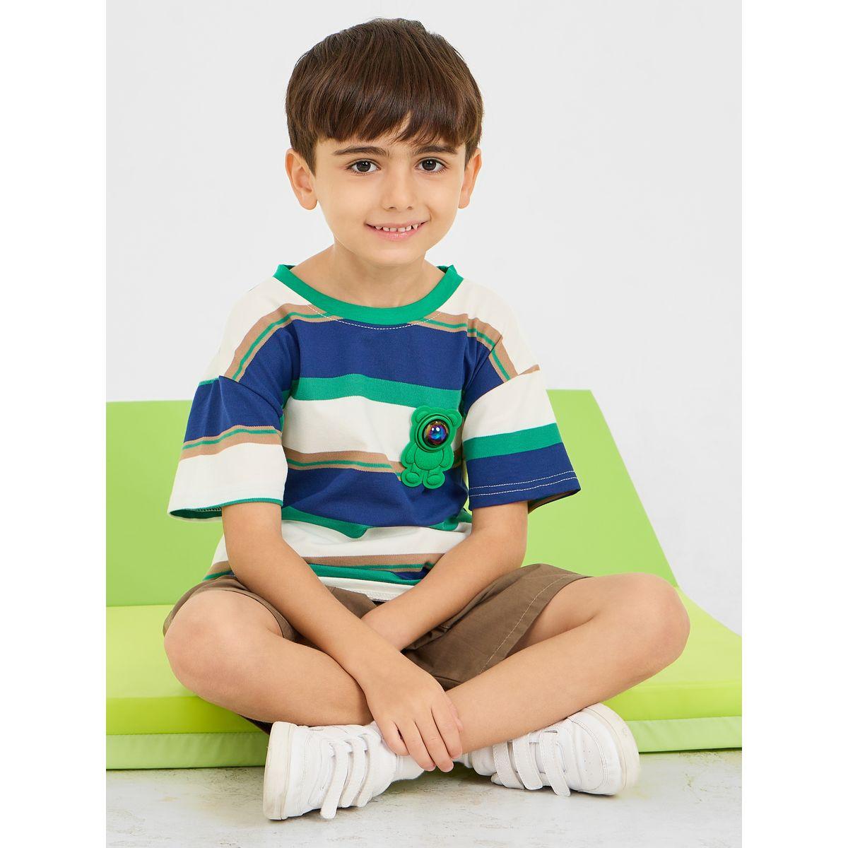 Styli Bear Applique Striped T-shirt & Pocket Detail Short Set-boys-clothing-setsandcoords-image-1