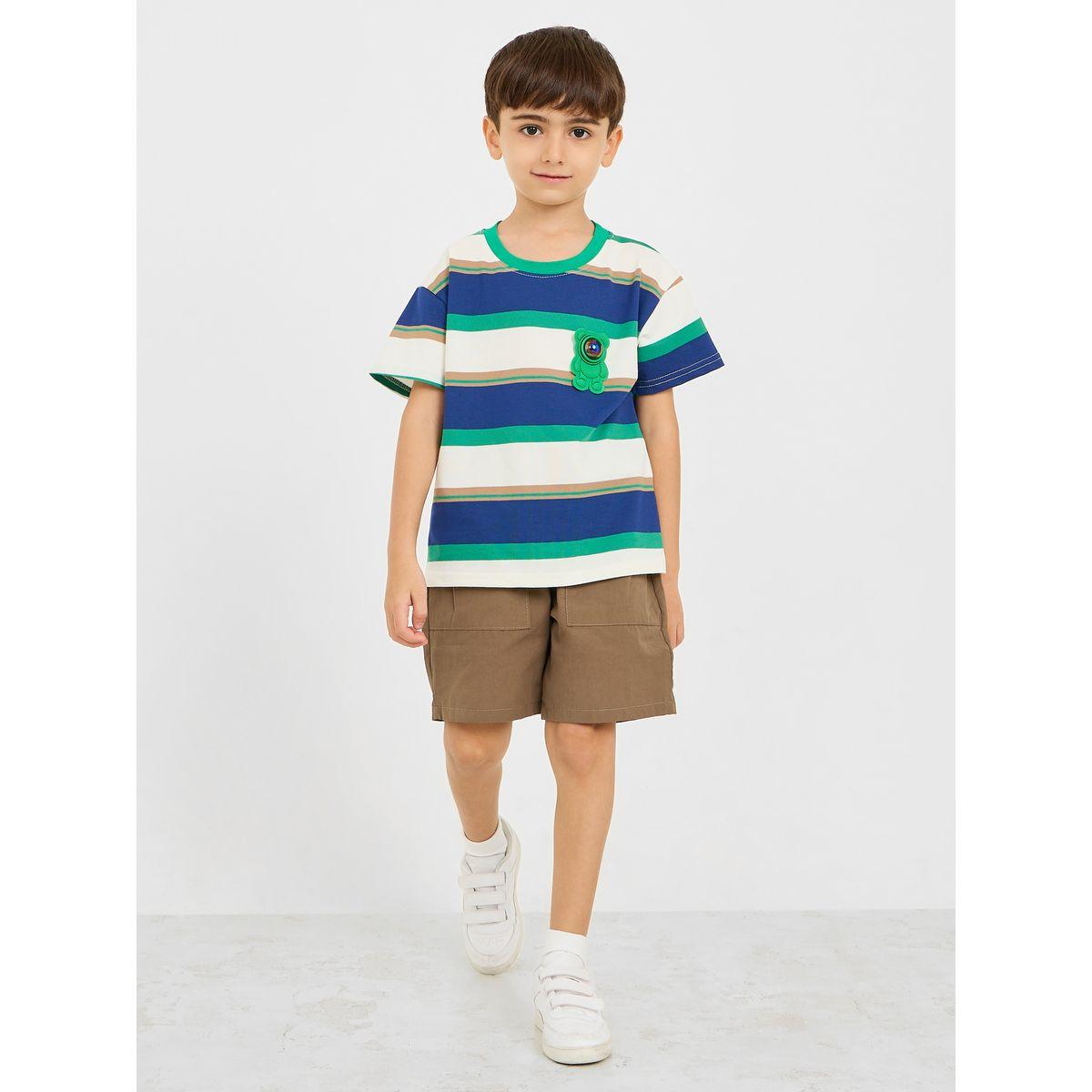 Styli Bear Applique Striped T-shirt & Pocket Detail Short Set-boys-clothing-setsandcoords-image-2