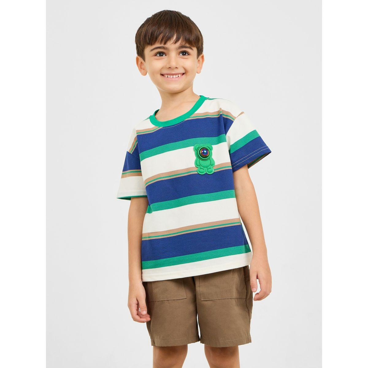 Styli Bear Applique Striped T-shirt & Pocket Detail Short Set-boys-clothing-setsandcoords-image-3