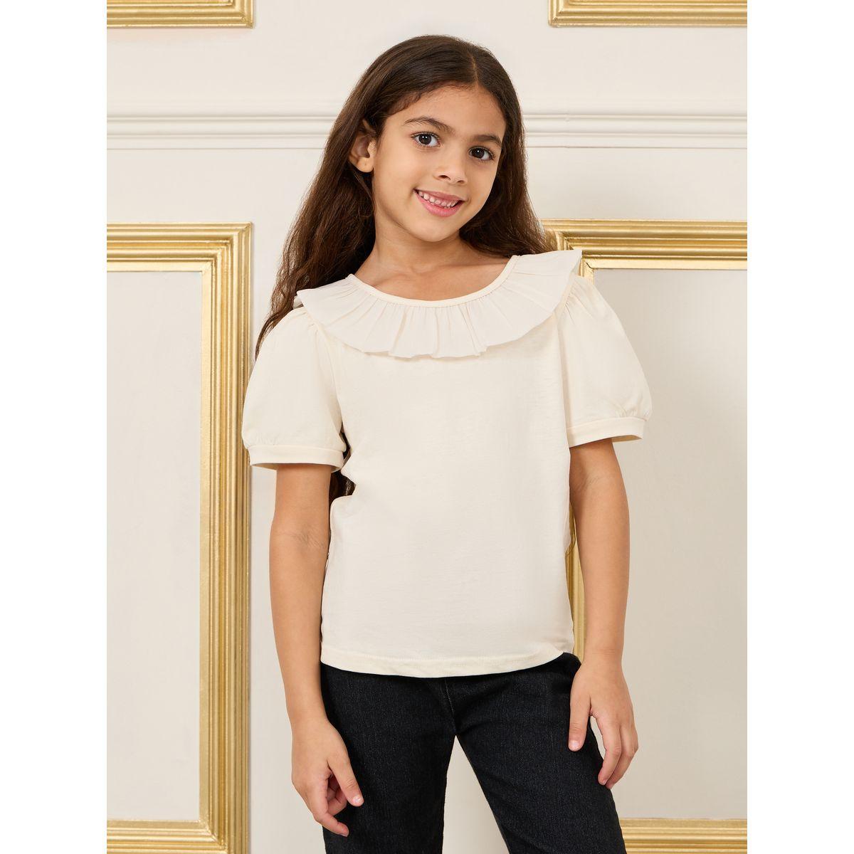 Styli Cotton Ruffle Detail Round Neck T-shirt-girls-clothing-tshirts-image-1
