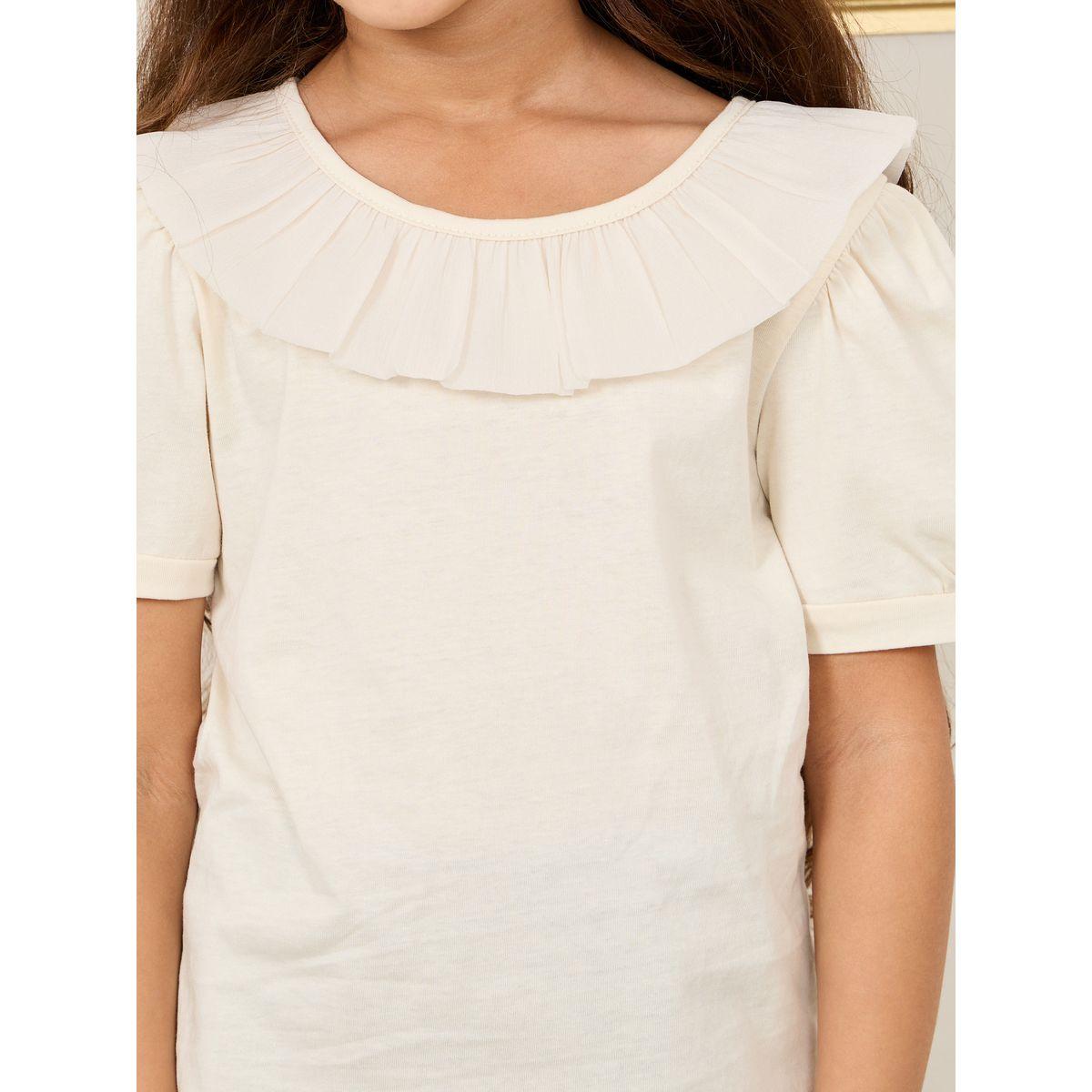 Styli Cotton Ruffle Detail Round Neck T-shirt-girls-clothing-tshirts-image-3