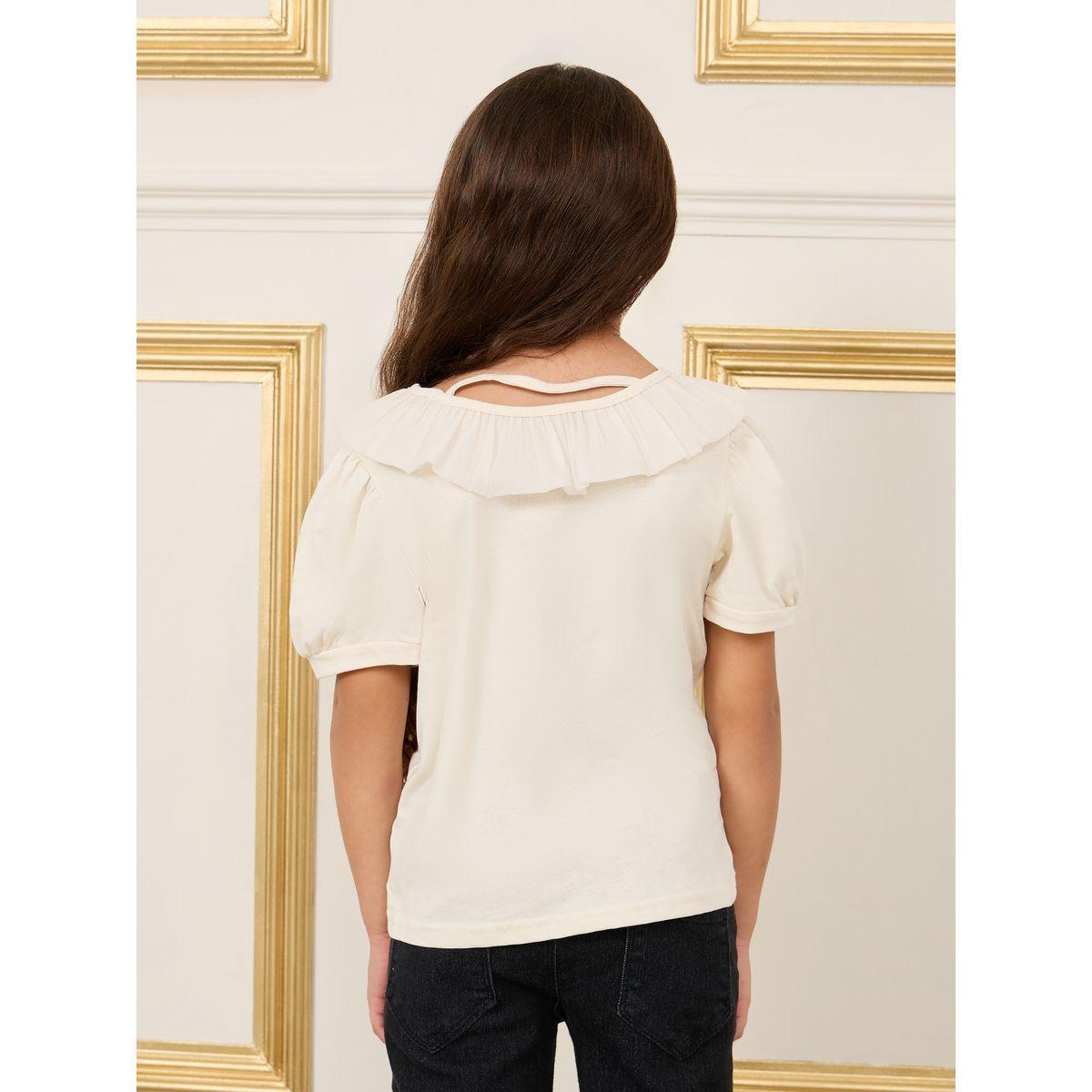 Styli Cotton Ruffle Detail Round Neck T-shirt-girls-clothing-tshirts-image-4