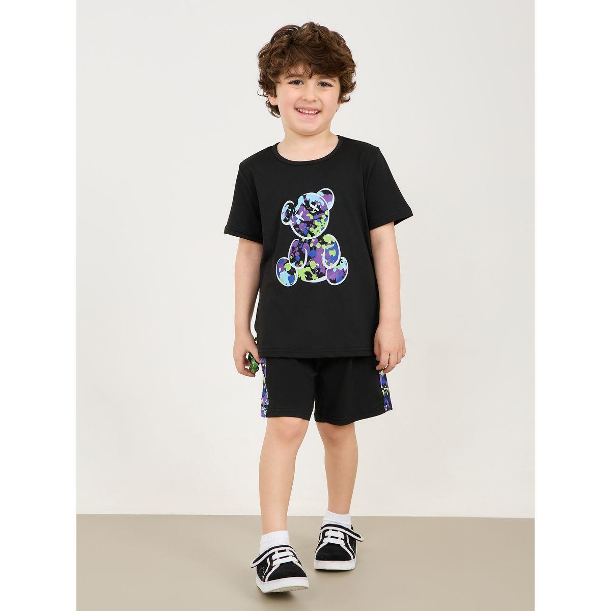 Styli Bear Graphic Print T-Shirt & Side Print Shorts Set-boys-clothing-setsandcoords-image-1