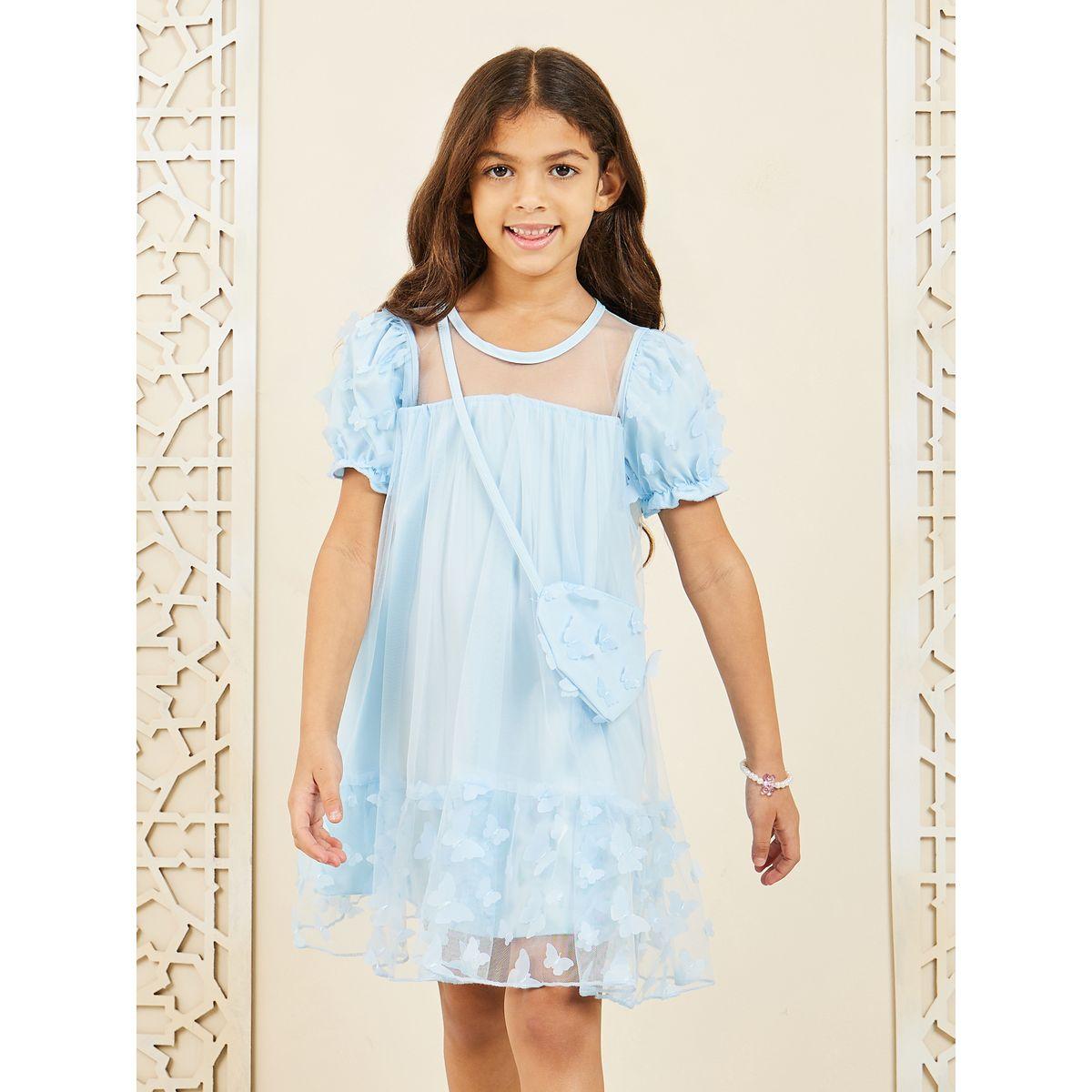 فستان مزين بفراشات مع اكمام منفوخة وشنطة-girls-clothing-dressesandjumpsuits-image-1