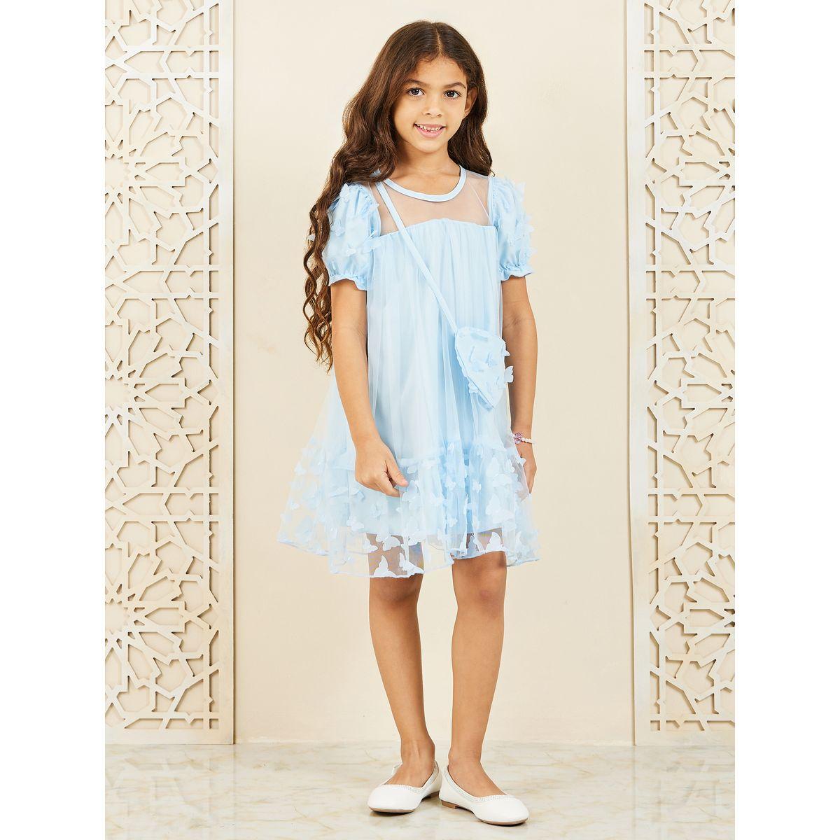 فستان مزين بفراشات مع اكمام منفوخة وشنطة-girls-clothing-dressesandjumpsuits-image-2