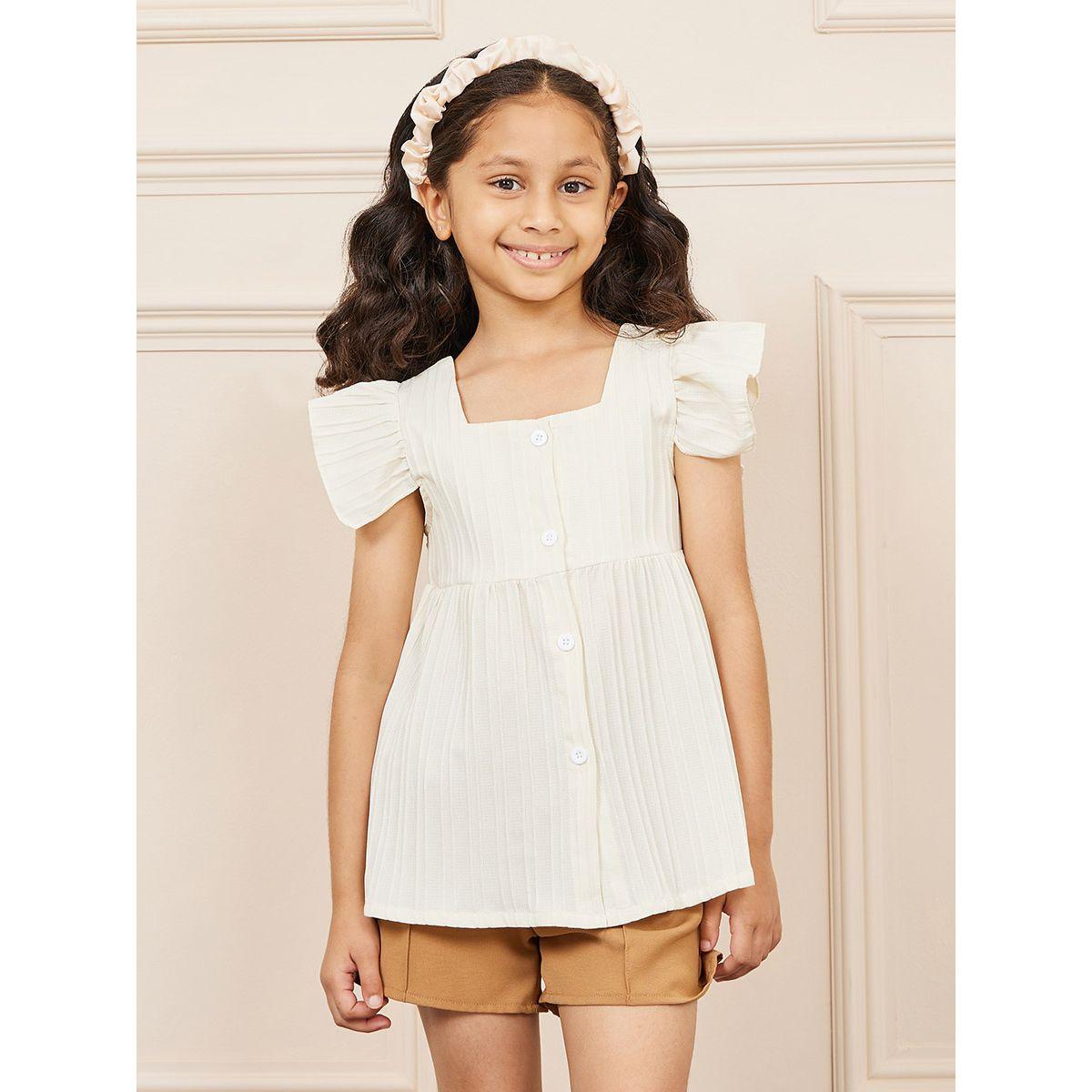 Styli Textured Ruffle Sleeve Button Front Top & Short Set-girls-clothing-setsandcoords-image-2