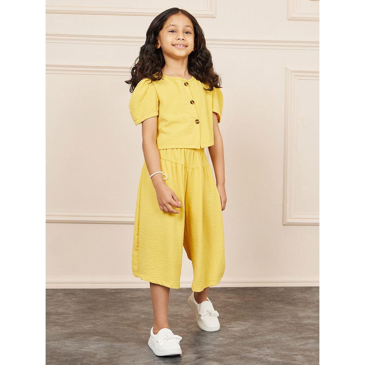 Styli Textured Puff Sleeve Button Front Top & Wide Leg Cropped Pant Set-girls-clothing-setsandcoords-image-1