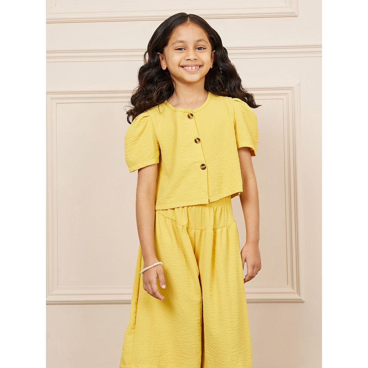 Styli Textured Puff Sleeve Button Front Top & Wide Leg Cropped Pant Set-girls-clothing-setsandcoords-image-2