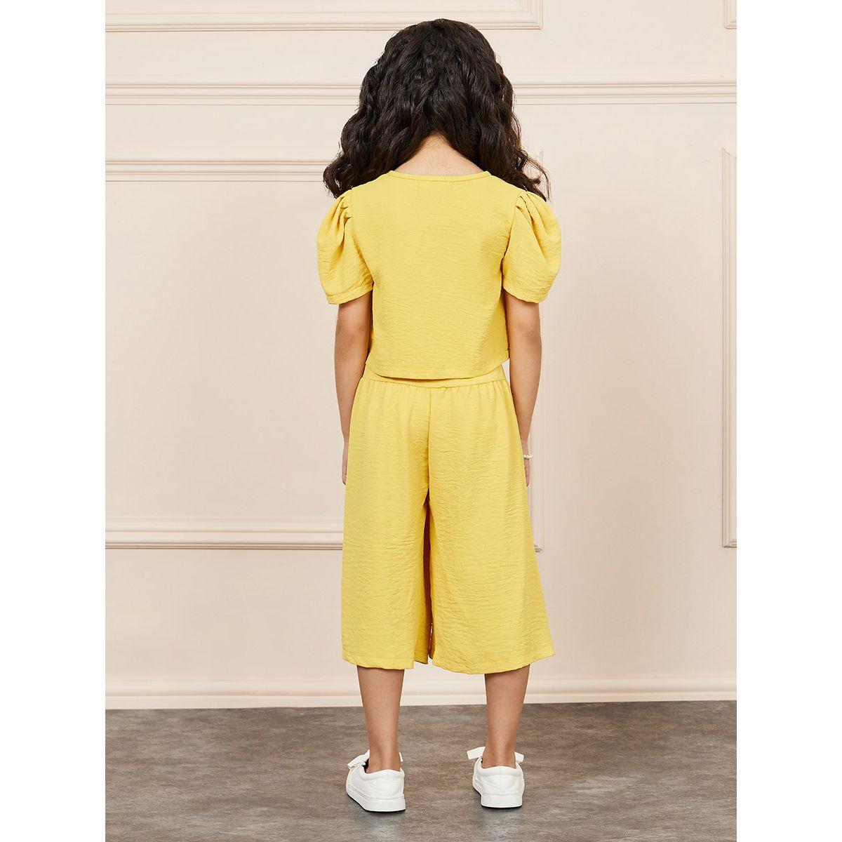 Styli Textured Puff Sleeve Button Front Top & Wide Leg Cropped Pant Set-girls-clothing-setsandcoords-image-5