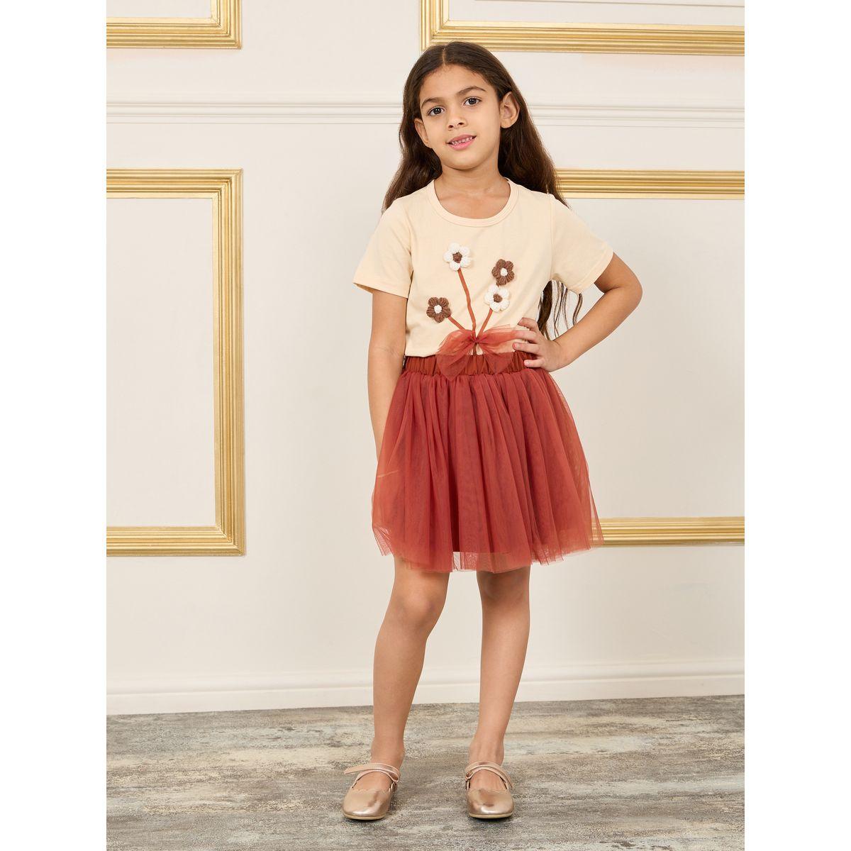 Styli Crochet Floral Mesh Bow T-shirt & Mesh Skirt Set-girls-clothing-setsandcoords-image-1