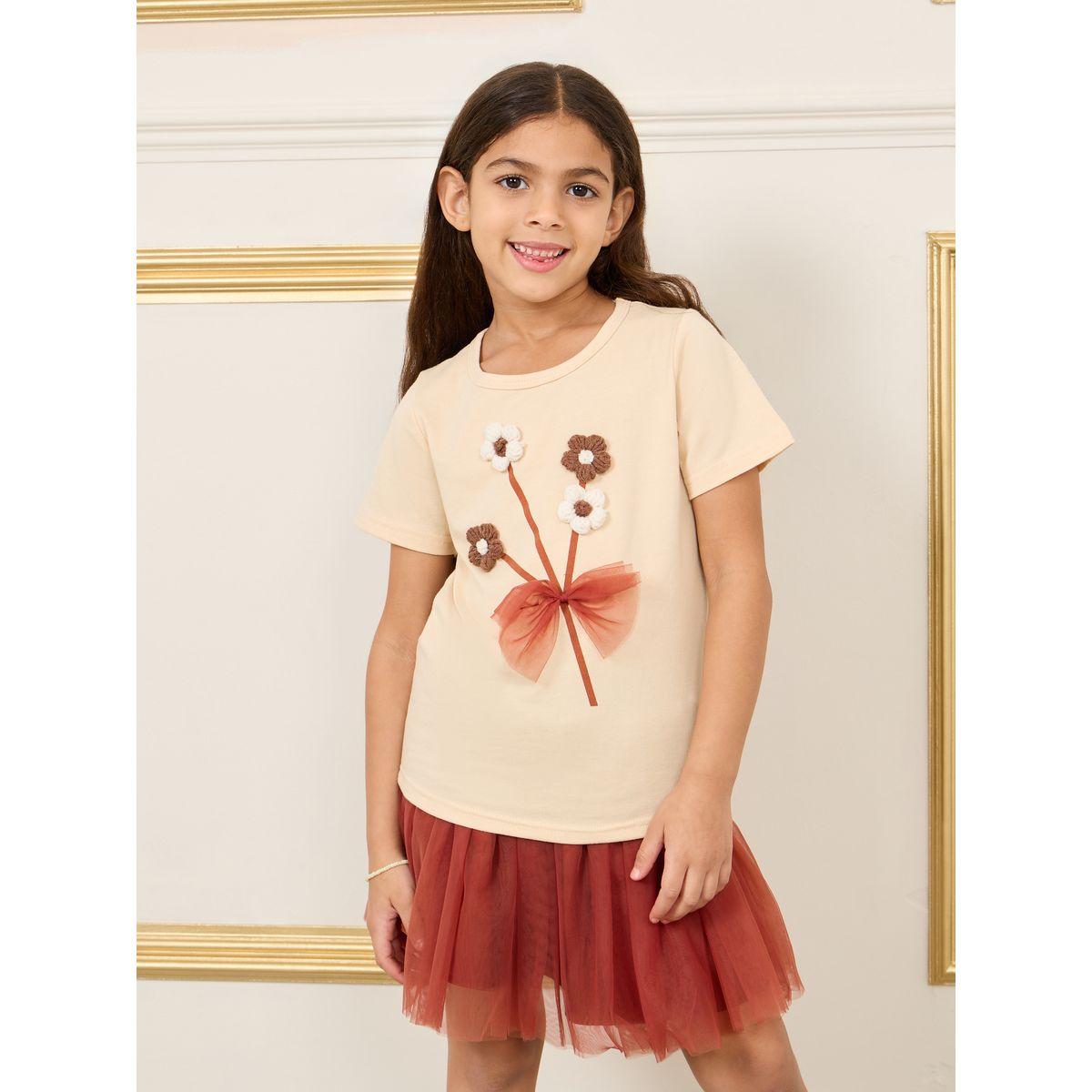 Styli Crochet Floral Mesh Bow T-shirt & Mesh Skirt Set-girls-clothing-setsandcoords-image-2