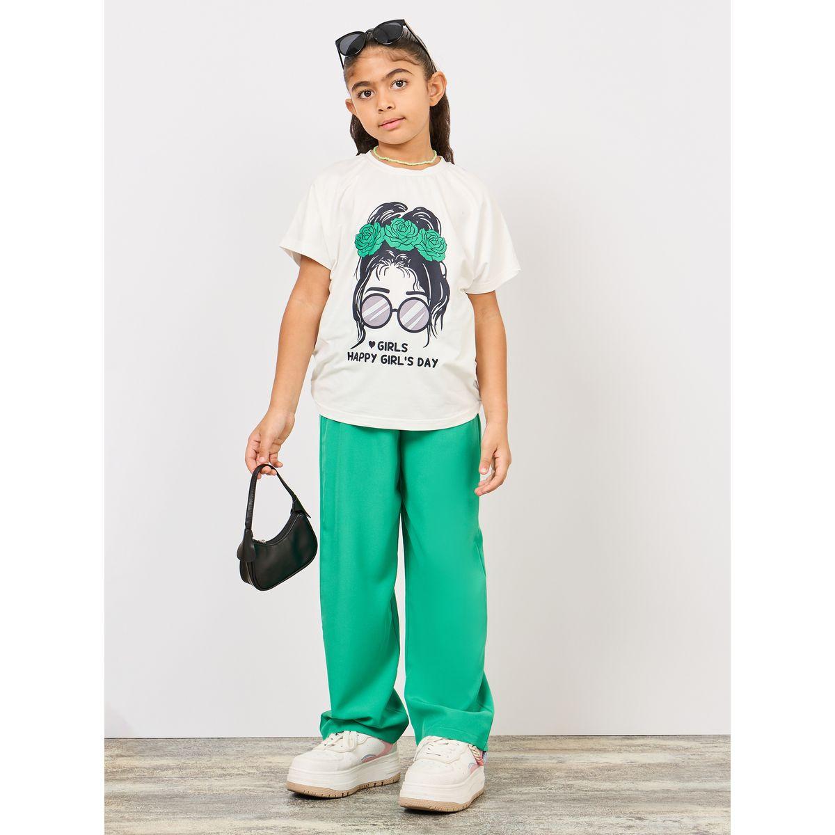 Styli Happy Girl's Day Slogan Print T-shirt and Wide Leg Pant Set-girls-clothing-setsandcoords-image-1