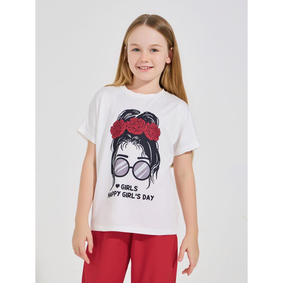 Styli Happy Girl's Day Slogan Print T-shirt and Wide Leg Pant Set-girls-clothing-setsandcoords-image-3