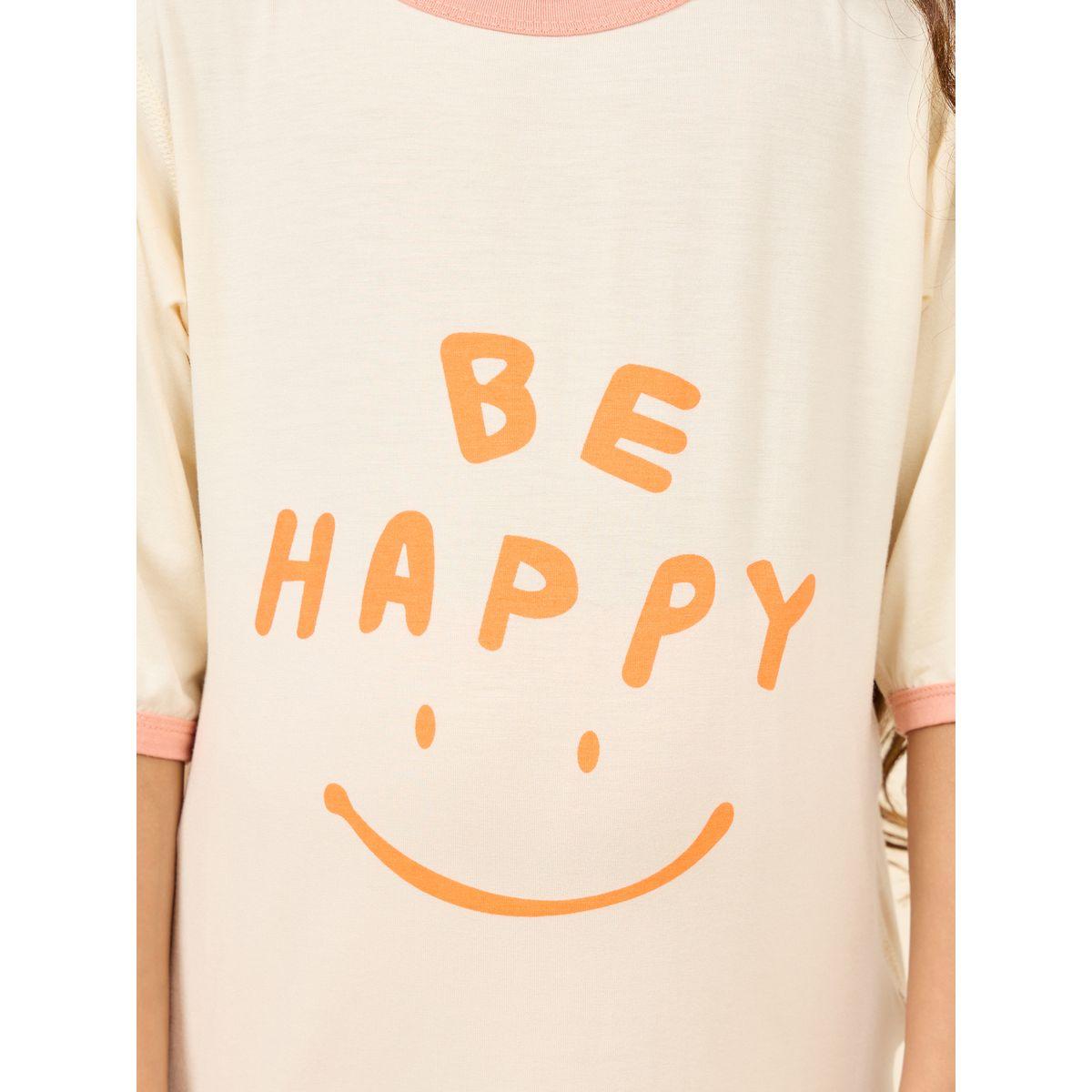 Styli Smile Print Binding T-shirt & Solid 3/4 Length Set-girls-clothing-nightwear-image-3