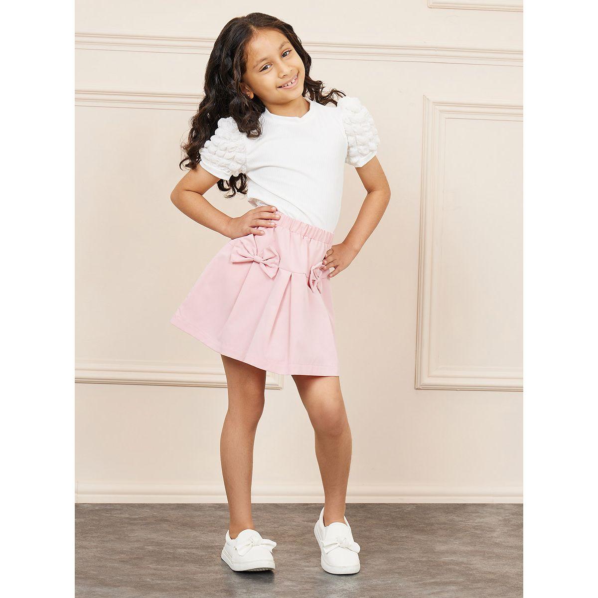 Styli Textured Puff Sleeve Rib Knit Top & Bow Front Pleated Skirt Set-girls-clothing-setsandcoords-image-1