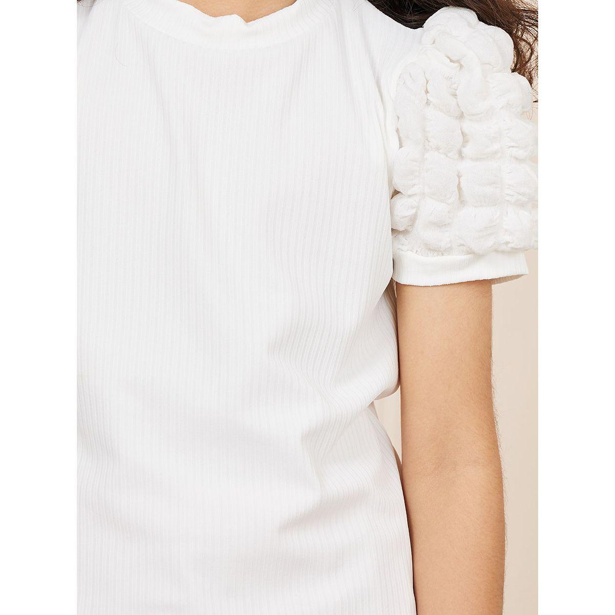 Styli Textured Puff Sleeve Rib Knit Top & Bow Front Pleated Skirt Set-girls-clothing-setsandcoords-image-4