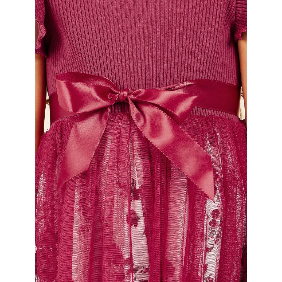 Styli Rib Knit Top Floral Print Overlay Mesh Insert Dress with Tie Up-girls-clothing-dressesandjumpsuits-image-3