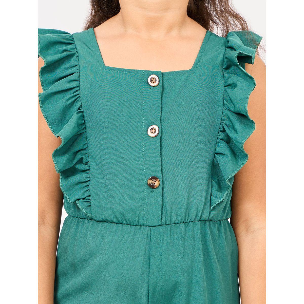 Styli Ruffle Trim Button Front Jumpsuit-girls-clothing-rompers-image-3