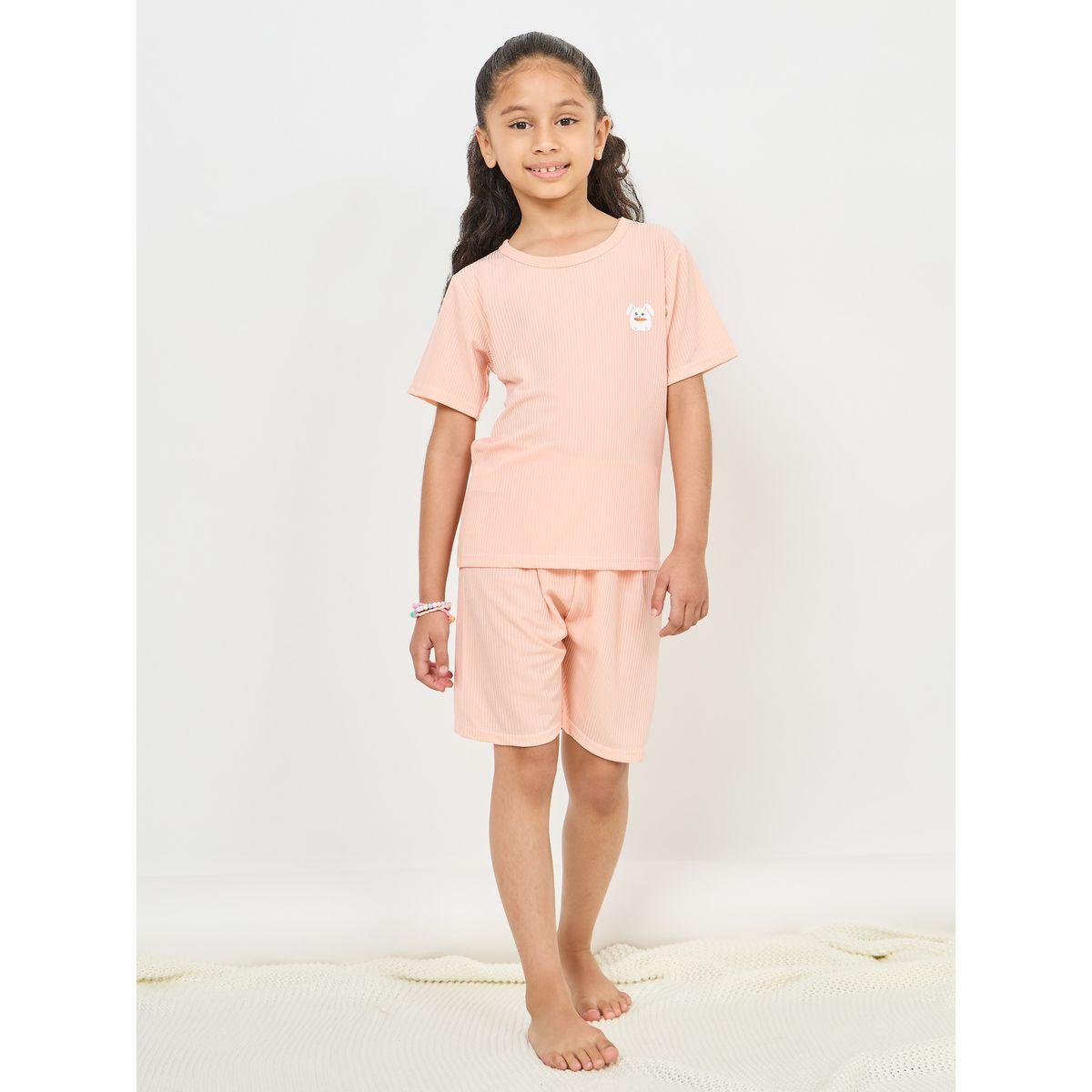 Styli Solid Ribbed Teddy Graphic Patch Detail T-shirt and Short Set-girls-clothing-nightwear-image-2