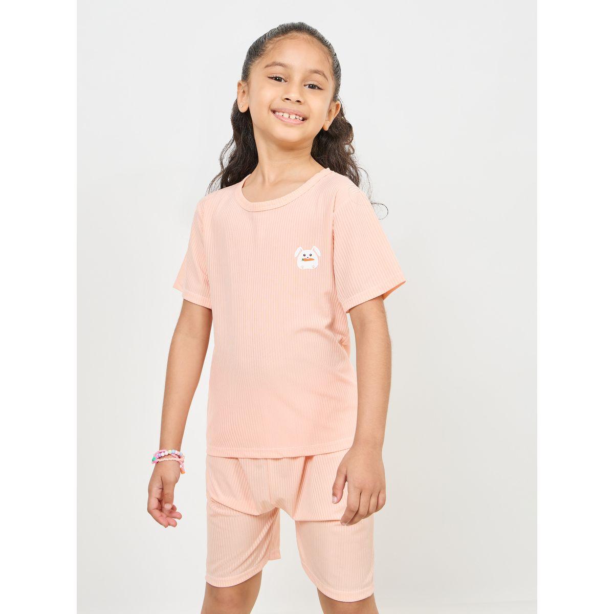 Styli Solid Ribbed Teddy Graphic Patch Detail T-shirt and Short Set-girls-clothing-nightwear-image-3