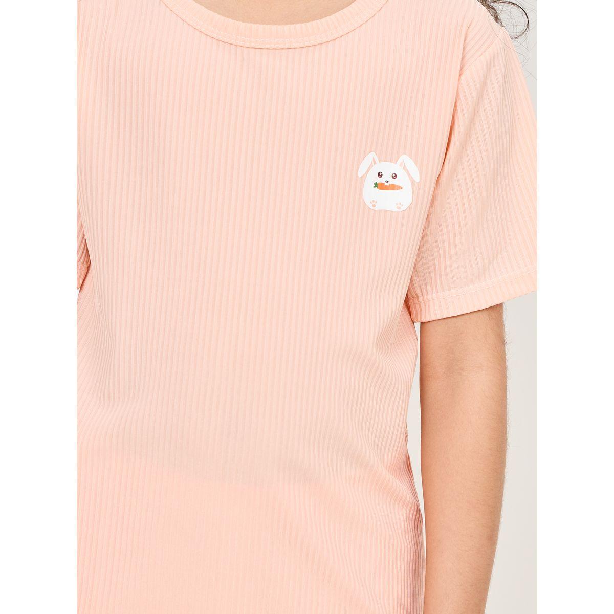 Styli Solid Ribbed Teddy Graphic Patch Detail T-shirt and Short Set-girls-clothing-nightwear-image-4