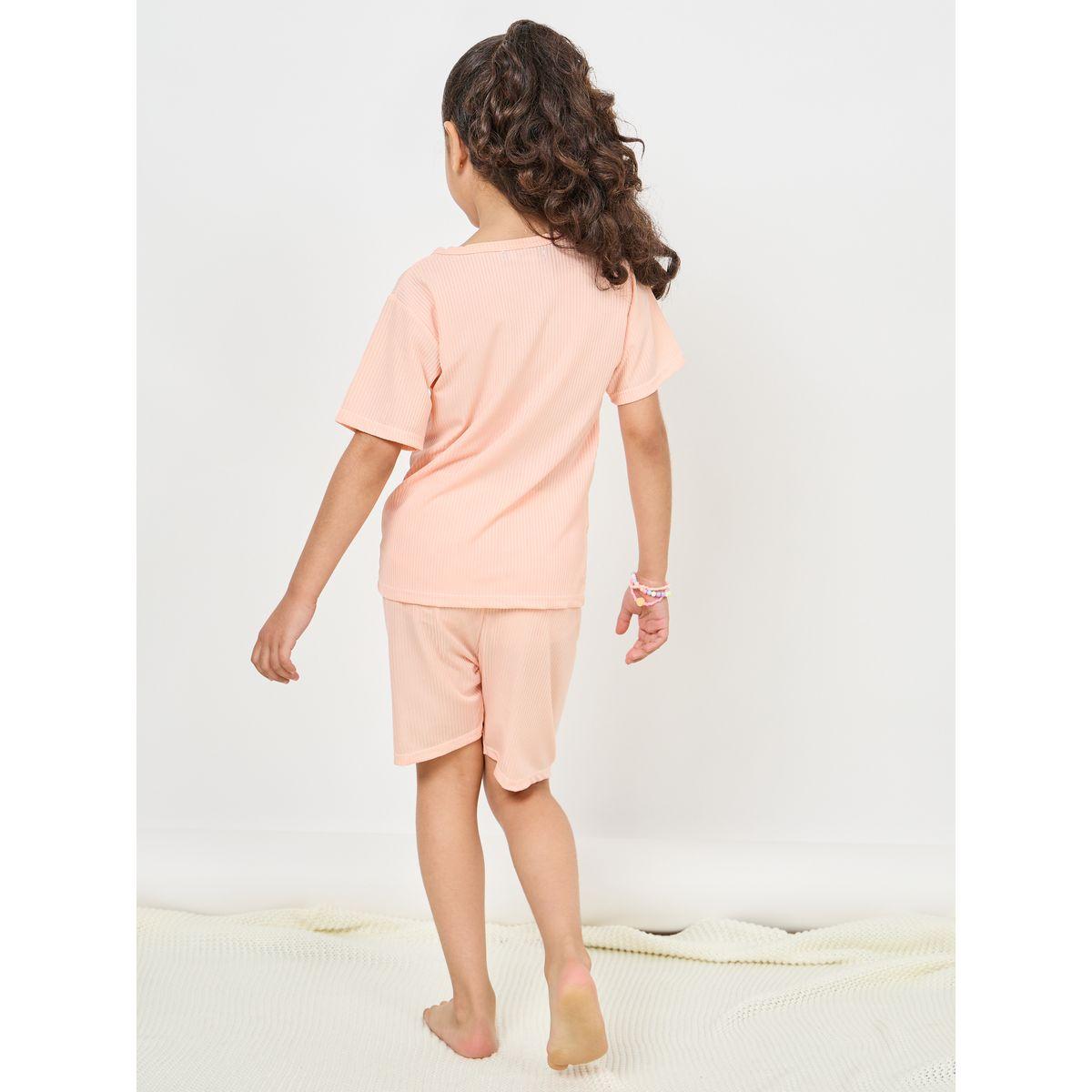Styli Solid Ribbed Teddy Graphic Patch Detail T-shirt and Short Set-girls-clothing-nightwear-image-6