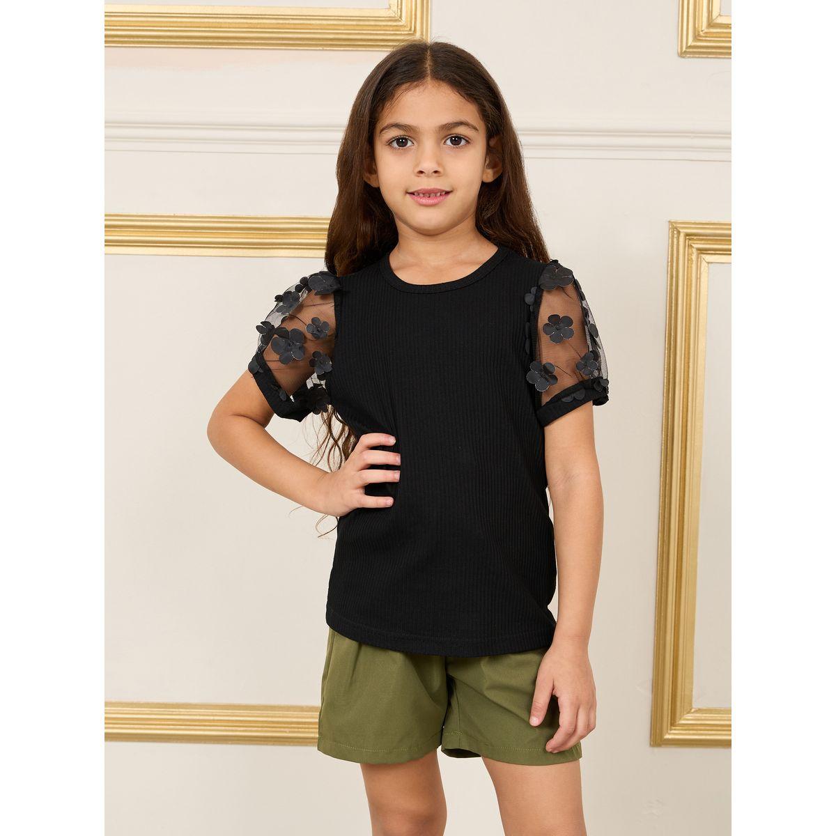 Styli Floral Applique Mesh Sleeves Top and High Rise Corset Detail Short Set-girls-clothing-setsandcoords-image-2