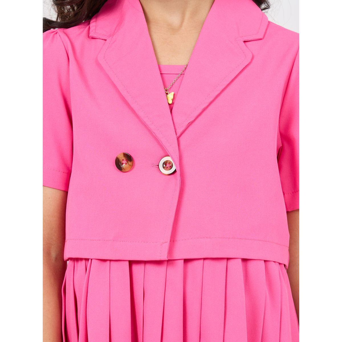 Styli Pleated Hem Cami Dress & Tailored Collar Crop Blazer Set-girls-clothing-setsandcoords-image-6