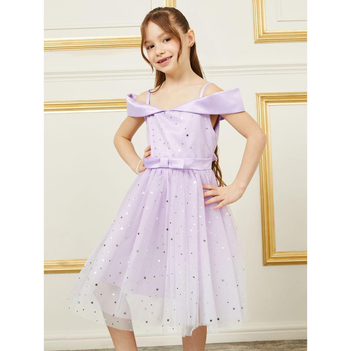 Styli Star Foil Print Cold Shoulder Mesh Insert Skater Dress-girls-clothing-dressesandjumpsuits-image-2